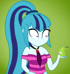 Size: 630x668 | Tagged: safe, artist:sutekh94, sonata dusk, equestria girls, biting pear of salamanca, food, gradient background, pear, shrunken pupils, solo, wide eyes