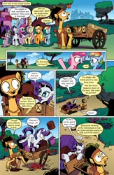 Size: 651x1000 | Tagged: safe, artist:andypriceart, derpibooru import, edit, idw, applejack, fluttershy, pinkie pie, rainbow dash, rarity, spike, twilight sparkle, unicorn twilight, butterfly, dragon, earth pony, pegasus, pony, unicorn, comic:friendship is dragons, spoiler:comic, comic, dialogue, female, flax seed, flax seed looks at stuff, grin, harness, looking back, looking up, male, mane seven, mane six, mare, nervous, nervous grin, pointing, raised hoof, smiling, stallion, suitcase, surprised, tack, text edit, unshorn fetlocks, wagon, walking