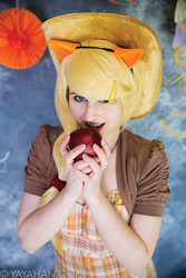 Size: 533x800 | Tagged: safe, artist:purplepluminc, applejack, human, apple, clothes, cosplay, costume, food, irl, irl human, photo