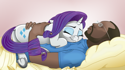 Size: 3000x1688 | Tagged: safe, artist:phucknuckl, rarity, human, pony, unicorn, bed, clothes, cuddling, cute, dark skin, eyes closed, female, frog (hoof), glasses, hoofbutt, hug, human on pony snuggling, male, mare, pillow, smiling, snuggling, underhoof