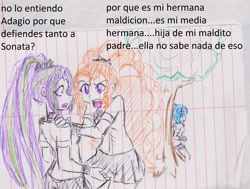 Size: 2301x1737 | Tagged: safe, artist:orochivanus, adagio dazzle, aria blaze, sonata dusk, equestria girls, clothes, lined paper, school uniform, spanish, the dazzlings, traditional art, translated in the description, tree