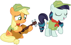 Size: 10000x6400 | Tagged: safe, artist:mpnoir, applejack, coloratura, earth pony, pony, the mane attraction, .svg available, absurd resolution, acoustic guitar, adobe illustrator, camp friendship, clothes, cute, eyes closed, filly applejack, guitar, hat, jackabetes, musical instrument, playing, raised hoof, rara, rarabetes, request, scout, simple background, singing, sitting, transparent background, vector