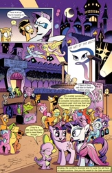 Size: 651x1000 | Tagged: safe, artist:andypriceart, derpibooru import, edit, idw, applejack, fluttershy, pinkie pie, rainbow dash, rarity, spike, twilight sparkle, unicorn twilight, dragon, earth pony, pegasus, pony, unicorn, comic:friendship is dragons, spoiler:comic, background pony, background pony audience, canterlot, clothes, comic, crescent moon, dialogue, dress, exclamation point, eyes closed, female, flying, interrobang, male, mane seven, mane six, mare, moon, night, open mouth, question mark, stallion, text edit, thinking