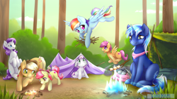 Size: 1920x1080 | Tagged: safe, derpibooru import, apple bloom, applejack, rainbow dash, rarity, scootaloo, sweetie belle, oc, earth pony, pegasus, pony, unicorn, campfire, camping, campsite, cute, floppy ears, food, forest, marshmallow, pickaxe, tent