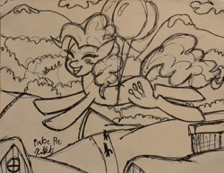 Size: 2090x1617 | Tagged: safe, artist:katkathasahathat, pinkie pie, earth pony, pony, balloon, blushing, eyes closed, floating, flying, monochrome, ponyville, smiling, solo, then watch her balloons lift her up to the sky, traditional art