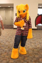 Size: 1024x1536 | Tagged: safe, applejack, anthro, human, unguligrade anthro, arm hooves, clothes, cosplay, costume, fursuit, irl, irl human, photo