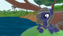 Size: 1920x1080 | Tagged: safe, artist:moon flower, derpibooru exclusive, derpibooru import, oc, oc only, oc:moon flower, earth pony, pony, 2017, 3d, accessories, bracelet, dandelion, flower, flower in hair, jewelry, lake, legends of equestria, lying, nature, outdoors, scenery, solo, the heartlands, tree, wallpaper