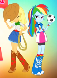 Size: 407x549 | Tagged: safe, derpibooru import, applejack, rainbow dash, equestria girls, friendship games, ball, boots, friends, hat, intro, shoes, together