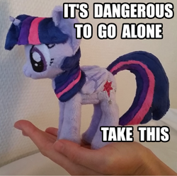 Size: 1520x1516 | Tagged: safe, artist:epicrainbowcrafts, derpibooru import, edit, twilight sparkle, twilight sparkle (alicorn), alicorn, pony, caption, cute, female, fluffy, irl, it's dangerous to go alone, mare, photo, plushie, solo, take this, the legend of zelda