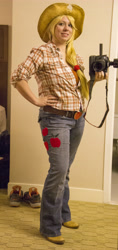 Size: 2448x5184 | Tagged: safe, artist:cosplaybyt-chan, applejack, human, camera, clothes, cosplay, costume, irl, irl human, photo