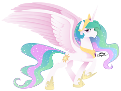 Size: 3200x2400 | Tagged: safe, artist:theartsyemporium, princess celestia, alicorn, pony, ear fluff, female, lidded eyes, looking at you, mare, photoshop, raised hoof, simple background, smiling, solo, sparkles, spread wings, transparent background, wings