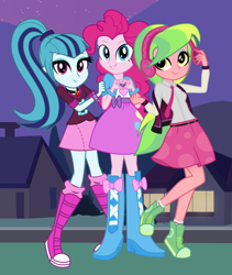 Size: 2760x3272 | Tagged: safe, artist:bubblestormx, artist:darthlena, artist:invisibleone11, artist:themexicanpunisher, lemon zest, pinkie pie, sonata dusk, equestria girls, balloon, boots, bracelet, clothes, cute, headphones, heart hands, high heel boots, jewelry, necktie, pendant, ponytail, raised leg, shoes, skirt, smiling, socks, spikes