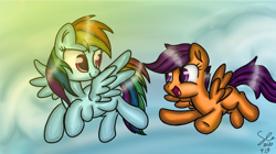 Size: 720x404 | Tagged: safe, artist:starflashing twinkle, derpibooru import, rainbow dash, scootaloo, pegasus, pony, cloud, cute, cutealoo, dashabetes, eye, eyes, flying, happy, hooves, open mouth, scootaloo can fly, scootalove, sky, sunshine, wings