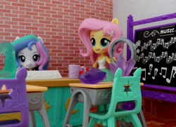 Size: 1220x882 | Tagged: safe, artist:whatthehell!?, fluttershy, princess celestia, principal celestia, equestria girls, apple, boots, chair, chalkboard, classroom, clothes, cup, desk, doll, equestria girls minis, eqventures of the minis, food, gem, irl, musical instrument, photo, shoes, skirt, tambourine, toy