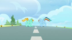 Size: 1280x720 | Tagged: safe, derpibooru import, screencap, lightning dust, rainbow dash, pegasus, pony, wonderbolts academy, female, mare, runway