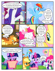 Size: 612x792 | Tagged: safe, artist:newbiespud, derpibooru import, edit, edited screencap, screencap, applejack, fluttershy, pinkie pie, rainbow dash, rarity, twilight sparkle, unicorn twilight, earth pony, pegasus, pony, unicorn, comic:friendship is dragons, comic, d:, dialogue, eyes closed, female, flying, freckles, glowing horn, hat, horn, letter, magic, mane six, mare, mouth hold, open mouth, pencil, reading, screencap comic, shocked, surprised, telekinesis, tree, worried