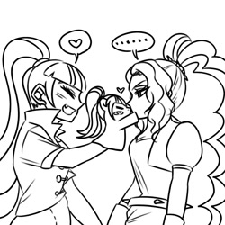 Size: 1000x1000 | Tagged: safe, artist:raika0306, adagio dazzle, sonata dusk, equestria girls, ..., female, hand puppet, heart, indirect kiss, lesbian, lineart, pictogram, shipping, sonagio, spoken heart