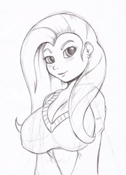 Size: 1241x1722 | Tagged: safe, artist:suirano, fluttershy, human, big breasts, breasts, cleavage, clothes, female, hootershy, humanized, monochrome, solo, sweater, sweatershy, traditional art