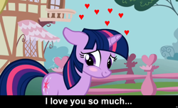 Size: 1600x973 | Tagged: safe, derpibooru import, twilight sparkle, pony, unicorn, blushing, bronybait, caption, cs captions, female, floppy ears, heart, looking away, love, mare, ponyville, shy, smiling, solo