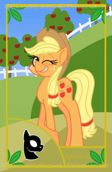 Size: 560x860 | Tagged: safe, artist:magicandmysterygal, applejack, earth pony, pony, card, one eye closed, solo