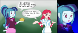 Size: 2500x1080 | Tagged: safe, artist:7los7, sonata dusk, equestria girls, rainbow rocks, clothes, crying, dialogue, duo, food, sad, smiling, smug wendy's, speech bubble, taco, taco bell, that girl sure loves tacos, wendy's