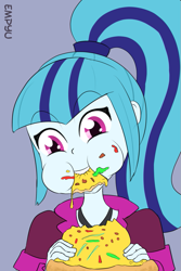 Size: 667x1000 | Tagged: safe, artist:empyu, sonata dusk, equestria girls, eating, food, pizza, simple background, solo