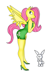 Size: 1793x2690 | Tagged: safe, artist:odiz, angel bunny, fluttershy, anthro, plantigrade anthro, clothes, dress, high heels