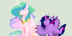 Size: 1148x572 | Tagged: safe, artist:gamblingfoxinahat, princess celestia, twilight sparkle, twilight sparkle (alicorn), alicorn, pony, my little pony: the movie, chest fluff, ear pull, female, glowing horn, green background, magic, mare, pulling, simple background, unamused