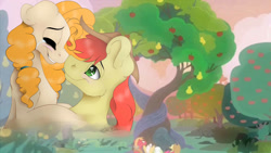 Size: 1920x1080 | Tagged: safe, artist:scarlettnovel, derpibooru import, apple bloom, applejack, big macintosh, bright mac, grand pear, granny smith, pear butter, earth pony, pony, the perfect pear, apple tree, brightbutter, female, intertwined trees, male, pear tree, shipping, straight, tree, wallpaper