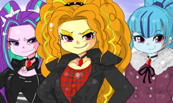 Size: 2000x1200 | Tagged: safe, artist:kiliu, edit, adagio dazzle, aria blaze, sonata dusk, equestria girls, rainbow rocks, clothes, female, jacket, jewelry, looking at you, necklace, pendant, pigtails, ponytail, the dazzlings, twintails