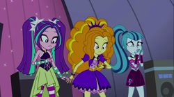 Size: 1100x618 | Tagged: safe, screencap, adagio dazzle, aria blaze, sonata dusk, equestria girls, rainbow rocks, clothes, dress, female, skirt, sleeveless, socks, striped socks, the dazzlings, trio