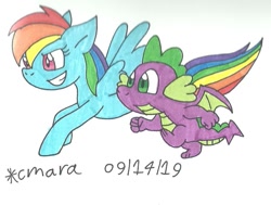 Size: 976x739 | Tagged: safe, artist:cmara, derpibooru import, rainbow dash, spike, dragon, pegasus, pony, female, male, mare, running, traditional art, winged spike, wings