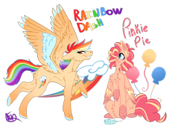 Size: 1800x1300 | Tagged: safe, artist:animatorfun, derpibooru import, pinkie pie, rainbow dash, pegasus, pony, alternate color palette, cheek fluff, chest fluff, colored wings, colored wingtips, duo, fluffy, hair over one eye, one hoof raised, race swap, redesign, simple background, transparent background, two toned wings, wings