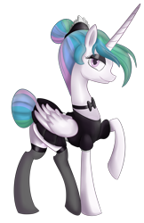 Size: 3105x4805 | Tagged: safe, artist:soulrainbow, princess celestia, alicorn, pony, bunhair, christmas, christmas stocking, clothes, female, holiday, maid, maidlestia, mare, princess, raised hoof, royalty, simple background, solo, transparent background