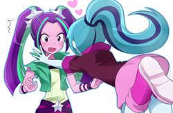 Size: 2550x1675 | Tagged: safe, artist:ryuu, aria blaze, sonata dusk, equestria girls, arisona, belt, blushing, boots, clothes, cute, female, glomp, heart, lesbian, outline, pigtails, ponytail, shipping, shoes, simple background, skirt, skirt lift, strategically covered, twintails, upskirt denied, white background