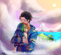 Size: 768x692 | Tagged: safe, artist:malinraf1615, derpibooru import, rainbow dash, soarin', human, cloud, crying, female, hug, humanized, male, obtrusive watermark, shipping, soarindash, straight, watermark