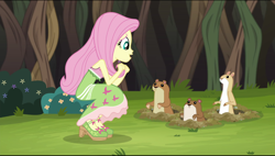 Size: 1680x951 | Tagged: safe, screencap, fluttershy, equestria girls, legend of everfree, animal, camp fashion show outfit, clothes, dress, high heels, sleeveless, tanktop