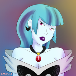 Size: 1000x1000 | Tagged: safe, artist:empyu, sonata dusk, equestria girls, 45 minute art challenge, alternate hairstyle, black dress, clothes, dress, ear piercing, earring, jewelry, lipstick, loose hair, off shoulder, piercing, solo