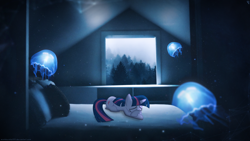 Size: 1920x1080 | Tagged: safe, artist:minhbuinhat99, artist:sairoch, derpibooru import, edit, twilight sparkle, jellyfish, pony, unicorn, bed, female, mare, photo, pillow, room, sad, solo, stock image, tree, vector, wallpaper, wallpaper edit