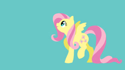 Size: 1600x900 | Tagged: safe, artist:cobracookies, derpibooru import, fluttershy, pegasus, pony, cutie mark, female, lineless, simple background, smiling, solo, teal background, wallpaper, wings