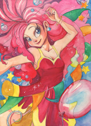 Size: 721x1000 | Tagged: safe, artist:paulina-ap, pinkie pie, human, balloon, clothes, dress, humanized, nail polish, solo