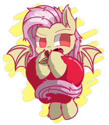 Size: 2600x3000 | Tagged: safe, artist:malphee, fluttershy, bat pony, pony, apple, chibi, flutterbat, food, race swap, solo