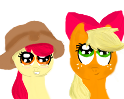 Size: 500x400 | Tagged: safe, artist:jaedynofequestria, apple bloom, applejack, earth pony, pony, accessory swap, female, mare