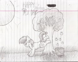 Size: 2838x2270 | Tagged: safe, artist:outtalives, applejack, earth pony, pony, apple, applebucking, applejack appreciation day, food, lined paper, monochrome, solo, sun, traditional art, tree