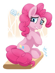 Size: 900x1200 | Tagged: safe, artist:joakaha, pinkie pie, earth pony, pony, crossed hooves, dialogue, lip bite, nervous, question, question mark, signature, sitting, solo, speech bubble