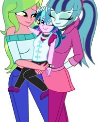 Size: 1378x1674 | Tagged: safe, artist:cbear624, lemon zest, sonata dusk, oc, oc:melody zest, equestria girls, friendship games, rainbow rocks, breasts, carrying, clothes, family, female, lesbian, magical lesbian spawn, mother and child, mother and daughter, offspring, older, parent and child, parent:lemon zest, parent:sonata dusk, parents:lemonata, simple background, smiling, transparent background