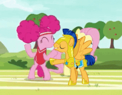 Size: 340x265 | Tagged: safe, edit, edited screencap, screencap, flash sentry, fluttershy, pinkie pie, pegasus, pony, buckball season, 1000 years in photoshop, animated, bipedal, dancing, eyes closed, gif, good touch, grin, happy, open mouth, smiling, spread wings, wat