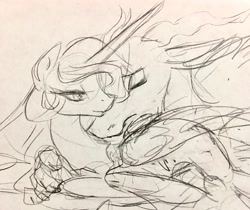 Size: 1280x1077 | Tagged: safe, artist:candasaurus, discord, princess celestia, alicorn, pony, cuddling, dislestia, female, male, shipping, sketch, straight, traditional art