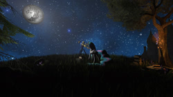 Size: 1920x1080 | Tagged: safe, artist:apexpredator923, princess celestia, alicorn, pony, 3d, mare in the moon, moon, solo, telescope, tree