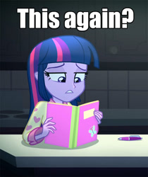 Size: 653x778 | Tagged: safe, derpibooru import, twilight sparkle, equestria girls, rainbow rocks, book, caption, image macro, meme, notebook, pen